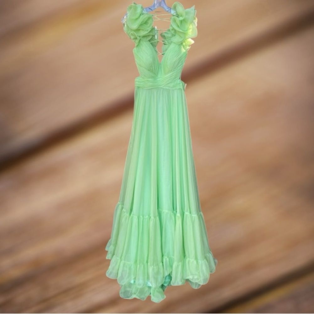 💞 NWT-MAC DUGGAL Mint Green Ruffle Tiered Cut-Out Chiffon Gown 67911 Sz 6 - Picture 3 of 12
